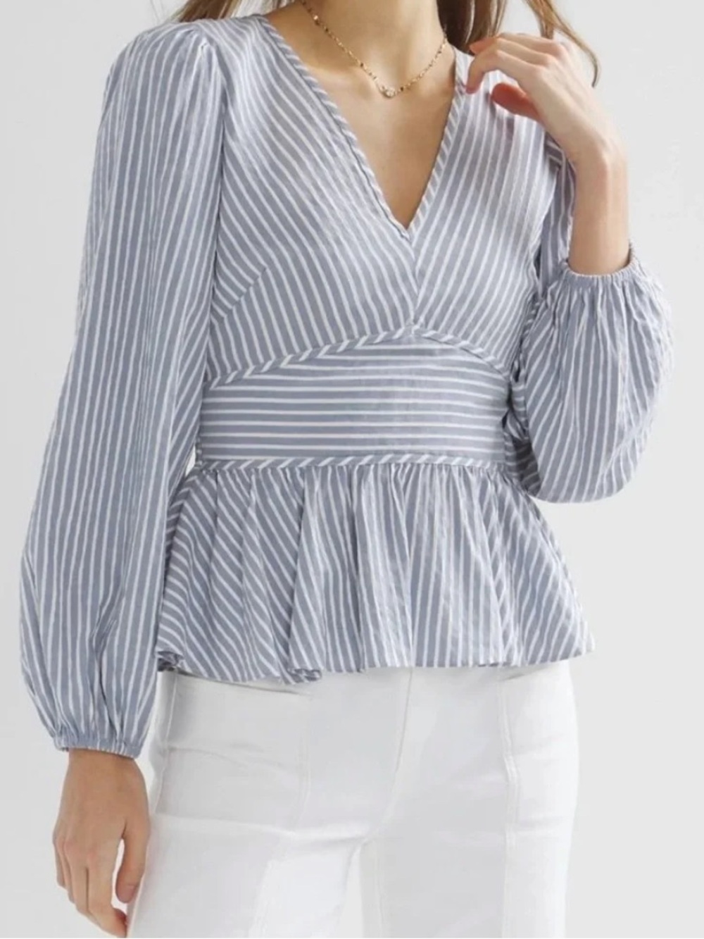 White House Black Market NWT Striped Long Sleeve Peplum Blouse V-Neck 10P